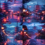 **majestic Japanese pagoda on a hilltop with Mount Fuji in the background, magical neon city glow at night, wet stone path reflecting colorful lights, dreamy atmosphere, cinematic lighting, deep depth of field, soft glowing lanterns, vibrant anime 3D style, rich colors, mystical mood, stylized scene like from animated movie --ar 2:3 --v 6.0 --s 250 --raw** - <@1174846563693113384> (fast)
