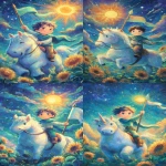 **The Sun tarot card in the style of Miroslav Sasek and Tataro Kimuchi. The image depicts a young man sitting on the back of his white horse holding a banner, with its head raised towards the sky, and a bright smile on his face. The background is sunny, with a large sun rising in front of him, its rays extending outwards. In some parts, there may be sunflowers or plants surrounding the scene. The illustration is painted in a vibrant amber and mocha color palette, evoking a dreamy and magical atmosphere. Soft round shapes, children’s book illustration style, clean and bright background. --ar 7:12 --sref 1567159629 --profile ouhb4r1** - Variations (Strong) by <@409716268476923920> (fast)
