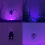 **minimal flat illustration, large black spider hanging from a single glowing purple thread, faint purple mist behind it, dark and haunting atmosphere, mostly black with small purple highlights, simple bold design, loop animation friendly --niji 6 --ar 16:9** - <@257221362568003584> (relaxed)