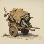 **In a dungeons and dragons and Frank Franzetta art style, a scared crying goblin hiding under an old dirty tarp on a two-wheeled medieval cart --v 7.0** - Image #3 <@478047972412620803>