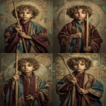 **photorealistic, klimt, A young enthusiastic Middle Eastern boy of royal birth standing holding a tall ornate wooden wand upright, expression of fresh excitement and inspired vision, eyes bright with utsaha enthusiasm and discovery, wearing simple burgundy and teal robes with gold Klimt geometric patterns, royal court in the background, stance suggesting forward movement and exploration, background with open landscape or desert horizon suggesting new beginnings and possibilities, Byzantine gold mosaic patterns subtly in background, atmosphere of utsaha fiery enthusiasm and fresh magnetic center, sense of beginning student with untested but genuine inspiration, jewel tones of burgundy teal gold and warm earth tones, ornate baroque frame, mood of eager discovery and dynamic forward energy, pure enthusiasm before friction arrives, --ar 2:3 --raw** - Variations (Strong) by <@1122608133139857530> (fast)