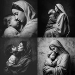 **mother Mary holding young Jesus embracing. Jesus looking up to mother Mary black and white photography --v 7.0** - <@819073620625981460> (fast)