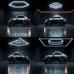 **a ultra realistic high quality photo of a porsche 911 inside a clean dark showroom with a hegagon light above the porsche reflecticting in its dark black paint --ar 16:9** - Variations (Strong) by <@1044962652931248128> (fast)