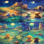**The Moon tarot card in the style of Miroslav Sasek and Tataro Kimuchi. The image depicts two dogs sitting beside the road and an ocean crustacean is in the center of the road in the style of the Rider-Waite deck. The moon is shining down on them from above. In the background, there are some ruins and grass. There is also a lobster sitting near the water in front of the dogs. The illustration is painted in a vibrant amber and mocha color palette, evoking a dreamy and magical atmosphere. Soft round shapes, children’s book illustration style, clean and bright background. --ar 7:12 --sref 1567159629 --profile ouhb4r1** - <@409716268476923920> (fast)