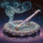 **The disco cigarette is completely covered in glittering mirror mosaic sitting on an ashtray, cigarette is bedazzled in a mosaic of small mirrors, violet metallic wrap filter, ash tray is a mosaic of tiny mirrors, mirrored surface of cigarette, mirrored surface of ash tray, portrayal of rising wafting smoke and mirrors, background is glitter black anodized with contrast silver and purple glitter flake, intimate product ad photography style --weird 123 --chaos 66 --s 666 --exp 69 --v 7.0 --ar 2:3** - Image #1 <@342505012569833472>