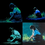**simple painting of a school girl gardening crouching down, facing front on, black background, backlit blue and green --v 7.0** - <@696956474584334417> (fast)