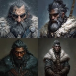 **a male character, a dwarven woman, Dark gray skin, matted hair, intense eyes, in the style of an oil painting, high fantasy setting, winter attire, stern expression** - <@292486228132233216> (fast)