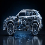 **Stainless steel SUV modern long body, full of hydraulic mechanical parts, ultra bionic super shape, dark background, round lines, over blue cracked base, --ar 16:9** - Image #3 <@1164377807414116392>