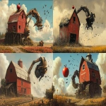 **A red barn with an apple on top is being crushed by the mechanical arm of a robot, a large wooden harvester from which birds fly out in the style of Craig Mullins and Studio Ghibli. --ar 91:55** - <@264129597782753313> (fast)