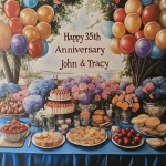 **"Happy 35th Anniversary John & Tracy" banner surrounded by balloons, flowers and delicious food. --v 6.1** - Upscaled (Creative) by <@1327691479602298971> (relaxed, stealth)