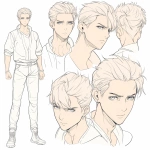 **original anime character, hand-drawn portrait style, thick bold outlines, clean cel-shading, visible sketch lines, crosshatching on fabric folds and underlying anatomy, ultra-detailed line art with zero clutter, sharp and defined facial features, full-color rendering, high visual clarity of face and body, character-centered composition include multiple perspective variants: frontal heroic close-up (face and torso squared), three-quarter angle showing jawline and stance depth, low-angle upward shot for size and presence, high-angle downward for clothing detail, side profile close-up with flowing fabric and sharp expression uncluttered background, zero special effects, only character and clothing, emphasis on silhouette, expression, pose, and detailed costume, anime character design with clear visual logic --niji 6 --raw** - Image #2 <@266429059049848832>