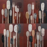 **oil painting stacked abstract plates and elongated fork shapes floating vertically, minimalistic mask-like ovals, geometric silhouettes, rough matte texture, muted whites and dusty grays against a dark earthy red background, thin expressive contour lines, ritualistic composition, slow movement, Peggy Kuiper inspired** - Variations (Strong) by <@1247660892770795582> (fast)