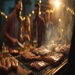 **A cinematic realistic photograph of a group of Latino friends enjoying a festive barbecue, the meat is the hero of the scene. Juicy grilled beef, ribs, sausages, and steaks on the table and grill, with smoke and warm light highlighting the texture of the meat. Friends laughing, serving food, and holding drinks, captured in a natural and joyful moment. Shot with cinematic framing, shallow depth of field, warm golden-hour lighting, Leica camera, Cooke lens. Vibrant atmosphere, modern Latin American setting, cozy outdoor patio decorated with subtle festive lights. High realism, cinematic look, emotional and appetizing. --ar 16:9 --v 7.0** - Image #1 <@1081350310305468467>