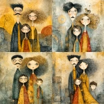 **whimsical photorealistic illustration of a fathers d mother with their girl and boy, father has black hair and a moustache, he’s wearing glasses, mother has curly blonde hair and she’s wearing glasses girl has dark brown hair and she’s wearing glasses, son has brown hair and is older and taller than the young girl --v 7.0 --p b3kgthr --s 750** - <@520759084903956481> (fast)