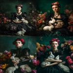 **a vogue photoshoot with frida kahlo in an enchanted garden surrounded by rabbits, wearing black , against a dark green background, with colorful flowers, in the style of hyper-realistic photography, and an editorial pose. --ar 46:61** - <@267082272199409666> (fast)