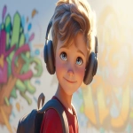 **a medium shot of a realistic illustrated happy 7-year-old Caucasian male student from America, they have a well-defined nose and a well-defined jawline, they have blue eyes and straight blonde hair, they stand with their head and neck and shoulders completely square to the camera and facing forward, their entire body is facing forward, they wear a backpack, they have large headphones on their head, they stand in front of a white wall with bright graffiti art spray painted on it, it is daytime, the sun is shining bright, high-definition, anime-style, --ar 16:9 --niji 6** - Image #4 <@1065025086664474674>