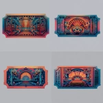 **one single movie ticket in the style from an old theater but also futuristic, flat image meant for printing on a sticker** - Variations (Strong) by <@650546685948461058> (fast)