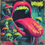 **early 1970s horror B-movie poster style UK bassline cover art, acid rave theme, dripping random objects with tongues out and sweat, chaotic mushrooms, exaggerated lighting, VHS grain, neon green and pink palette, hand-painted airbrush textures, campy sci-fi horror vibe, glowing outlines, dramatic composition, inspired by Phatworld, Mozey, Interplanetary Criminal, --ar 1:1 --v 7.0 --s 850 --q 2 --raw** - Image #1 <@289277077293760513>