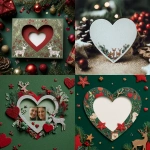 **a christmas card with a space for a photo inside a heart with reindeer and other christmas decorations green and red** - <@782283285664366612> (fast)