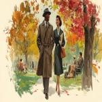 **a vintage illustration of an african american couple in love, walking hand-in-hand through the park on their first date during autumn. the man is dressed in classic mid-century attire with a long coat and hat, while his female companion wears elegant period-appropriate . they both have smiles as they explore nature's beauty in the fall. in the background, trees show leaves changing colors, with people sitting and enjoying the sun, and falling red, orange, green, and brown leaves. --ar 64:35 --v 7.0** - Image #1 <@1142201622697623682>