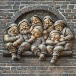 **a relief carving of 7 dwarfs drunkenly sleeping off the night after they found SnowWhite in her eternal slumber, vibrant, 8k, 3D, projected onto a brick wall** - Image #3 <@735147994395050104>