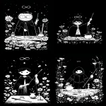 **The Magiciantarot card by Sarah Andersen. The image is black and white and depicts a man with a cloak and shirt holding a small stick with his right hand while his left hand pointing down, an infinity symbol above his head, he is standing behind a table, there are a coin, a wand a sword and a cup on the table, many flowers around him, all set against a black background. and the overall design is simple yet striking, in the style of Sarah Andersen. --ar 3:5 --v 7.0** - <@409716268476923920> (fast)