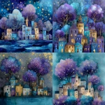 **Whimsical village with stylized monochrome houses under a glowing night sky, large magical blooming trees, sparkling stars, soft luminous colors in turquoise, purple, gold and deep blue, expressive watercolor and ink textures, dreamy fairytale mood --ar 1:1** - <@409716268476923920> (fast)
-# Create, explore, and organize on [midjourney.com](<https://midjourney.com/imagine?from_discord=1>)
