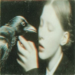**Tilda Swinton with raven, glitch art daguerreotype, collodion rot with crepe border --sref 275192691 1958632036 1430290407 3311227420 --ar 16:9 --s 1000** - Image #1 <@1057110090387296366>