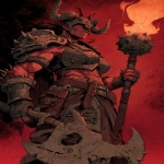 **A dungeons and dragons style comic book illustration of a muscular red female pit fiend devil holding a flaming mace and wearing a crudely crafted iron helm that covers her eyes, horns and spikes should come out of her dark red skin, claws, bits of crude armor --v 7.0 --s 800 --ar 2:3** - Image #3 <@478047972412620803>