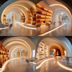 **a curved exhibition space for 8 different alcohol brands, a central swirl in the middle, white space with warm lighting , different coloured brands in the white shelves, interactive element in the space, meeting tables in the space, --v 7.0** - Variations (Strong) by <@738838021331484804> (fast)