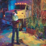 **Expressionist abstract oil painting of truckdriver standing by his vehicle using a tablet. Visionary, realistic, plants, warm lighting, fall, bright happy office --ar 4:3 --v 7.0 --s 50** - Image #1 <@495133821717446656>