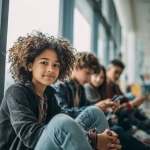 **Ultra-realistic documentary-style photograph of African American and Hispanic adolescents ages 11-13 sitting together in a modern, with one sitting center looking directly at the camera. Well-lit indoor space, casually using smartphones and tablets. The group includes boys and girls of different ethnic backgrounds, natural facial expressions, relaxed body language, age-appropriate clothing, subtle interaction and shared attention on screens. Soft natural window light, realistic skin texture, shallow depth of field, professional DSLR photography, 50mm lens, high dynamic range, candid moment, contemporary educational setting. No exaggerated features, no stylization, no illustration, no cartoon look. Photorealistic, authentic, human, editorial photography style.** - Image #3 <@950771113464569916>