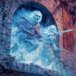 **In a dungeons and dragons and Frank Franzetta art style, two translucent ghosts, one male ghost and one female ghost, both hold a sword and wear a bow, they both look scared, the walls behind them are covered in old worn tapestries and they are inside an old round tower, it's dark --v 7.0** - Image #2 <@478047972412620803>