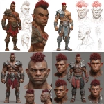 **Character design sheet. Realistic 3d rendering. Character design sheet of a ruggedly handsome, Hyper muscular handsome half orc, bodybuilder, bright silver eyes, short curly red Mohawk, short pointed ears, defined muscles, Huge leg muscles, huge pectoral muscles, big arm muscles, vascular hyper muscular, wide Grecian nose, strong square jaw, defined cheek bones, masculine features, freckles, Bodybuilder, short pointed ears, wearing Roman gladiator armor. --v 7.0** - <@1222981214734913607> (relaxed)
-# Create, explore, and organize on [midjourney.com](<https://midjourney.com/imagine?from_discord=1>)