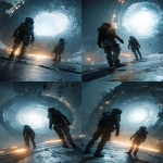 **Two figures in tattered exo-suits stand before a cracked monochronolith, its core pulsing with unstable temporal light, one reaches out while the other watches in fear, reflections of forgotten timelines swirl on its surface, harsh shadows, glowing debris in the air, dark sci-fi mood, cinematic close-up, dramatic lighting, high detail, atmospheric tension --ar 2:3 --v 7.0** - Variations (Strong) by <@1052958752749387917> (relaxed)