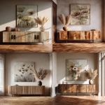 **a large sideboard with wooden doors and metal legs stands against the wall. above it is an abstract painting of flowers in neutral tones. on top, there's a vase with pampas grass, and a parquet floor. this is a modern interior design style, with a focus on home decor. --ar 51:64** - <@1313000520759377972> (fast)