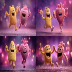 **A happy anthropomorphized rounded-triangular, yellow demon character high-fiving a happy anthropomorphized anatomical heart character, side view facing each other perspective jumping in the air, Pixar-Inside Out 3D animation style, festive sparkling purple background --ar 16:9 --s 250** - <@1088093143066488912> (fast)