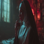 **a nun drinks chocolate tequila from a shot glas, while standing in a dark and old bedroom of 1980s, the nun is very attractive, has red lips and looks towards the window, shot from the side, photography, --ar 16:9** - Image #2 <@1073526258069151775>