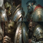 **close up portrait of a large half orc paladin. he is polishing a dented shield --ar 11:8** - <@700509070872018974> (fast)