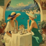 **<https://s.mj.run/kpWIqgf0c1A> pochoir illustration, hand-stencilled color, art deco fashion plate of two elegant women sharing afternoon tea on a sunlit terrace overlooking the Mediterranean, French Riviera, early 20th-century elegance, Pastel colors, planar composition, compressed depth, wide-brim straw hats with ribbons, provocative flowing dresses, intimate feminine friendship, relaxed posture, gossip, laughter, porcelain teacups and floral bouquet on a white tablecloth, turquoise sea with a small boat in the distance, arched terrace framing the view, late afternoon light, dreamy atmosphere, romantic, calm, aspirational lifestyle, timeless femininity, gentle color harmony, interior-design friendly, nostalgic yet modern, Pastel colors --ar 5:4 --stylize 200 --chaos 15 --v 7.0 --iw 0.5 --no orange dress** - Image #2 <@988364629556199494>