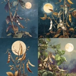 **A bean plant growing in a moonlit garden. There are dried pods on the plant. One is split open and is empty. There is a full moon rising over head. This is for the cover of a seed packet --v 7.0** - <@1240392312559898636> (fast)