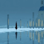 **a woman in a black coat walks on a frozen lake. white pillars with lights inside stand around the lake, and behind it is a tall church with a blue roof at night, in the minimalist anime style. --ar 128:71 --v 7.0 --p mwpi95x** - Image #1 <@451473582770618389>
