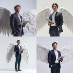 **Asian businessman with light brown hair, navy suit, looking straight ahead, smiling softly, holding an iPad in one hand, hand in pocket, large white angel wings, studio setup with soft white lighting, minimal and clean background, low angle shot, modern corporate photo style, 4K, high realism** - <@427615579231485956> (fast)