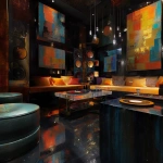 **Surrealism 1980s abstract luxury music lounge, black gold brown colors rich colors, luxury, hd quality , vinyl showing, low lighting, 1 conversation pit, tall abstract speakers, vinyl records , bar lounge included , high quality, clear record shaped table --v 7.0** - Image #2 <@951239260281913364>
