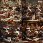 **Ultra HD profile photo of two mafia cows sitting at a table at a bar, dressed in mafia clothing, wearing crowns with lots of gems on the crown, wearing sunglasses. the two cows are at a party and are holding their arm out with drinks in their hands doing a cheers motion to celebrate. background is decorated with a royal theme. taken with a cannon eos, hyperrealistic, natural lighting --ar 2:3 --raw** - <@1103975769467789322> (relaxed)
-# Create, explore, and organize on [midjourney.com](<https://midjourney.com/imagine?from_discord=1>)