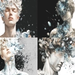 **portrait, zoom out, glowing transparent moonstones particles forming david the statue mixing with the elements of decoupage, micro particles spreading, falling and flying away like shooting stars disappearing in the air, etheeal vaporized hues, transparent texture, tilt light, dark bg --chaos 30 --ar 4:3 --exp 50 --raw --sref 1826732170 2510501401 1066242121 --profile 2zu4iqf dcmn1t4 b4zhvoo --stylize 1000 --v 7.0** - <@575724043295129610> (fast, stealth)
-# Create, explore, and organize on [midjourney.com](<https://midjourney.com/imagine?from_discord=1>)