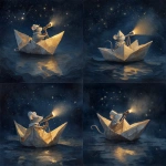 **A white folded paper boat sails through the night sky. In the boat is a silver-furred mouse wearing a folded paper cap and holding a silver sextant. The boat gives off a glowing aura. The background is a starry sky against a dark void. Ammonite amanita Highly realistic painting. --v 7.0** - Variations (Strong) by <@1071135204846096475> (fast)