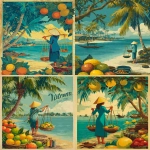 **Vintage travel poster of Vietnam, in the style of French colonial style, with vibrant colors, palm trees, and a woman in a conical hat with a basket on her back holding scales near a river or sea shore. Exotic fruits and spices surround the scene. --ar 4:5** - <@1087659452318093385> (fast)