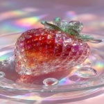 **a highly detailed crystal strawberry art piece, shaped like a ripe strawberry made entirely of translucent gemstone, iridescent rainbow reflections, sparkling diamond-like textures, placed on a clear glass plate, surrounded by crystal droplets, soft pastel lighting, dreamy glossy aesthetic, hyper realistic photography, fantasy luxury concept --ar 9:16** - Image #1 <@1240240057374478349>