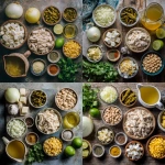 **Flat lay of white chicken chili ingredients on a rustic kitchen countertop: diced yellow onion, garlic cloves, canned green chilies, cannellini beans, shredded rotisserie chicken, Neufchâtel cheese cubes, corn, spices in small bowls (cumin, paprika, oregano), lime, fresh cilantro, olive oil, chicken broth in a jug, cozy k** - <@1321895242076520463> (fast)